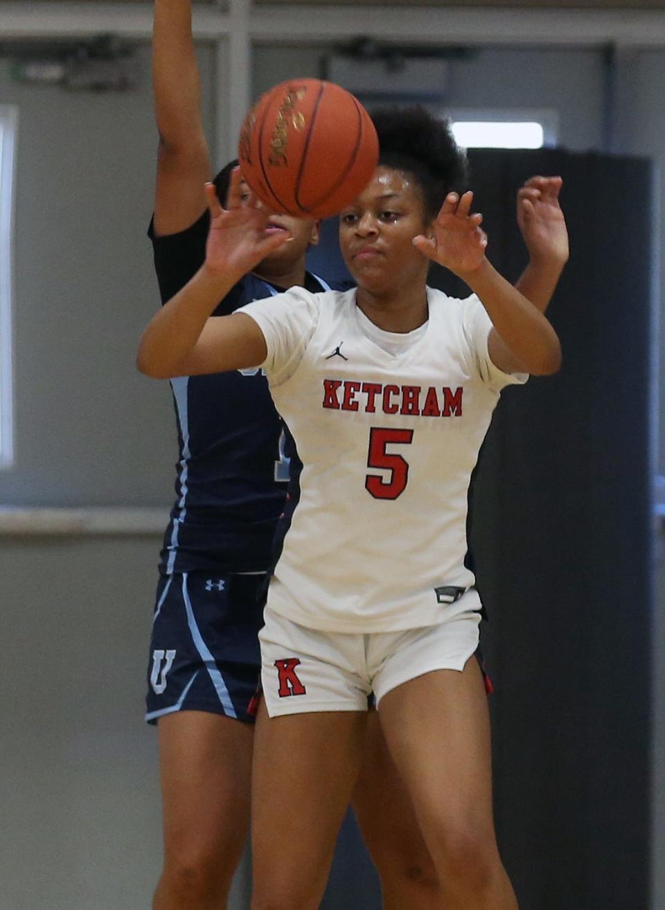 Ketcham's Nia Rencher (5) in action against Ursuline during girls basketball action at Roy C. Ketcham High School in Wappingers Falls Dec. 28, 2022. 