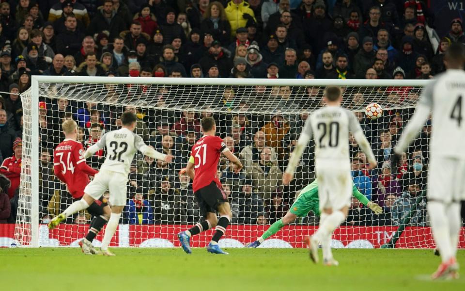 Young Boys' Fabian Rieder, second left, scores his side's first goal during the Champions League group F soccer match - AP