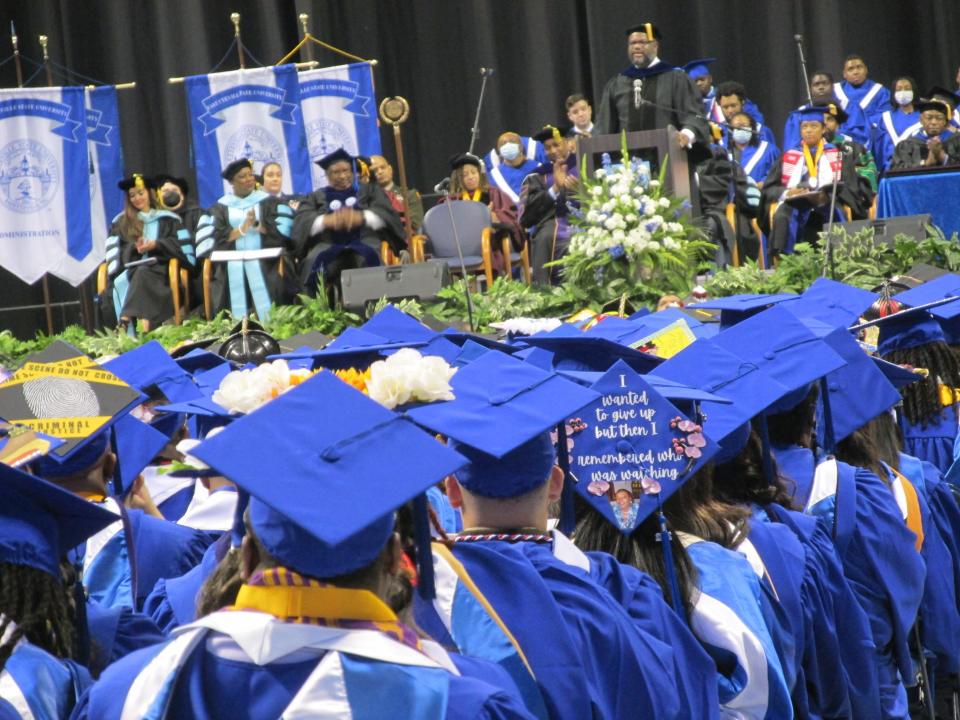 Nicholas Perkins, a 2003 Fayetteville State University graduate, addresses the class of 2022 on Saturday, May 7, 2022, at Crown Coliseum.