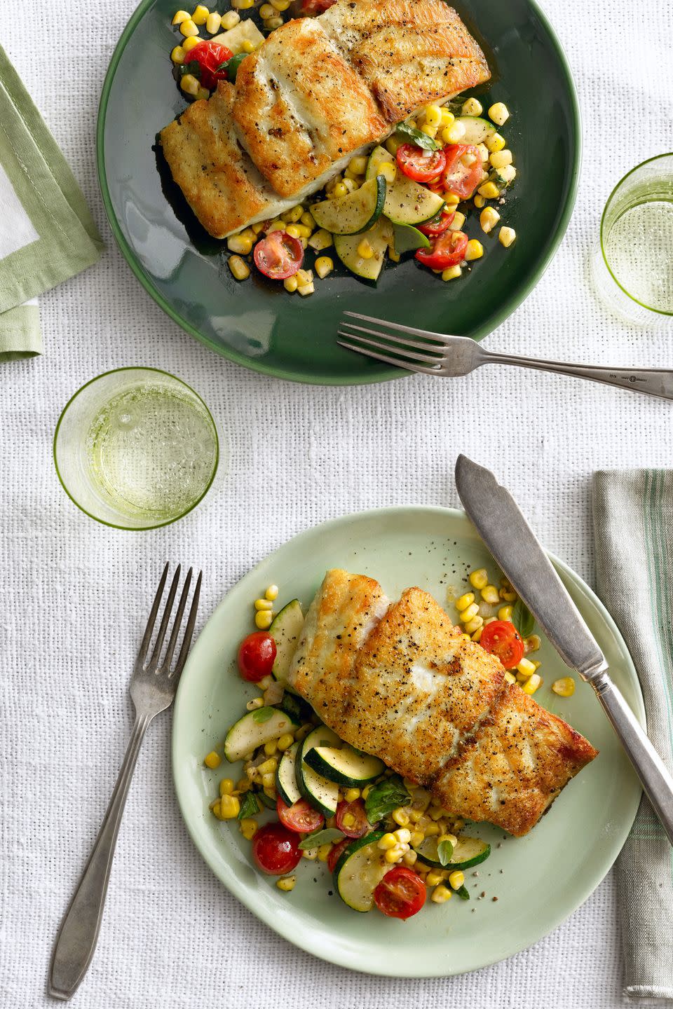 Seared Grouper with Corn, Zucchini, and Tomato Sauté