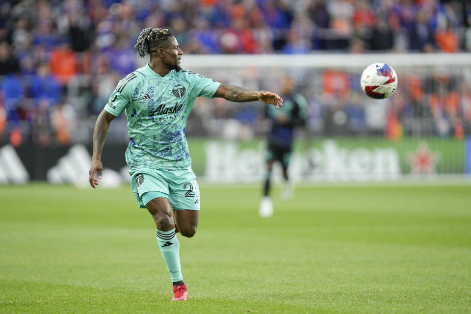 Portland Timbers forward Dairon Asprilla chases a pass during the first half of an MLS soccer match against the FC Cincinnati Saturday, April 22, 2023, in Cincinnati. (AP Photo/Jeff Dean)