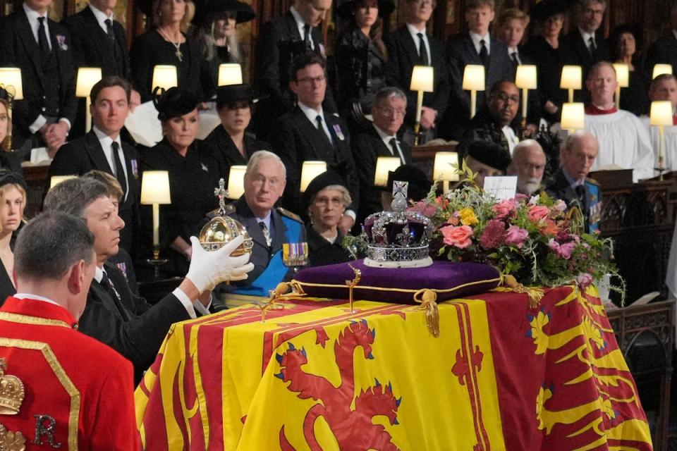 The Orb and Sceptre are removed from the coffin at the Committal Service for Queen Elizabeth II, held at St George’s Chapel (PA Wire)