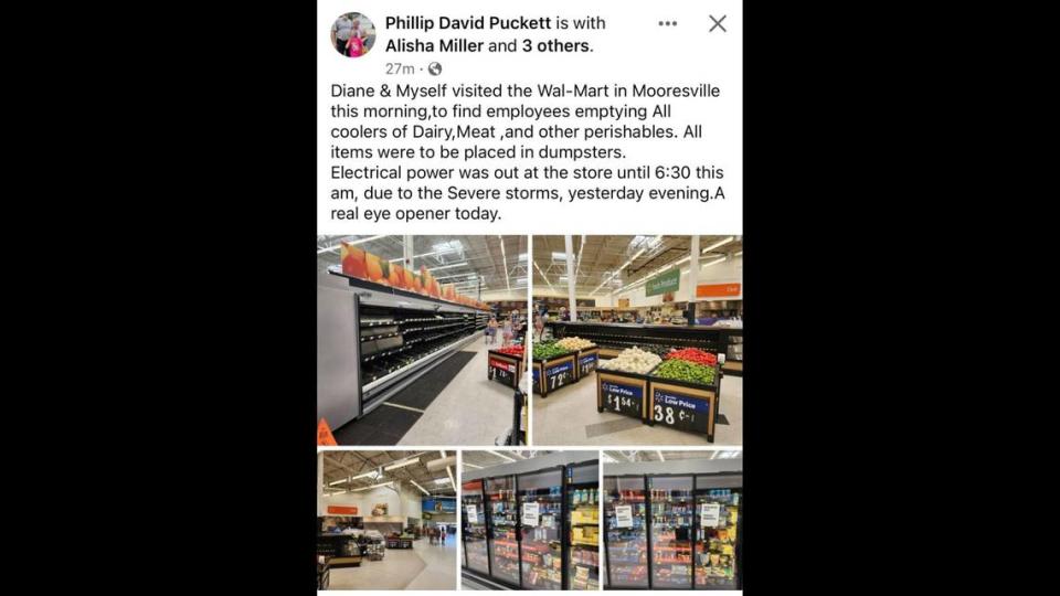 Customers at the Super Walmart off Interstate 77 exit 36 in Mooresville posted pictures on Facebook of store employees clearing all coolers of dairy, meat and other perishables Tuesday morning, Aug. 8, 2023, and tossing the food into Dumpsters. Electricity was finally restored at 6:30 a.m., customers said.