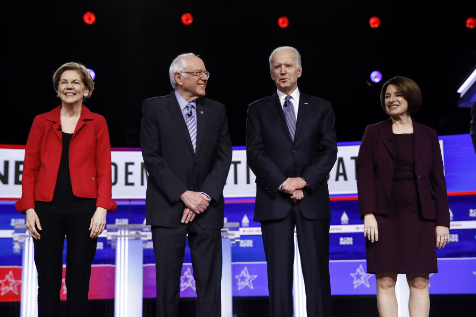 From left, Democratic presidential candidates, Sen. Elizabeth Warren, D-Mass., Sen. Bernie Sanders, I-Vt., former Vice President Joe Biden, and Sen. Amy Klobuchar, D-Minn., participate in a Democratic presidential primary debate, Tuesday, Feb. 25, 2020, in Charleston, S.C. (AP Photo/Matt Rourke)