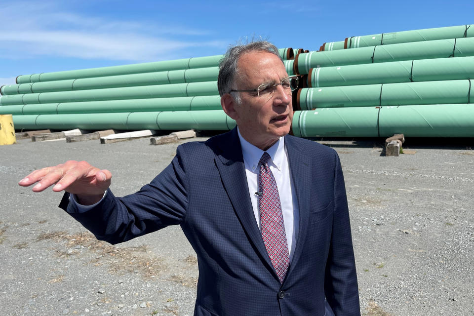 FILE- Sen. John Boozman, R-Ark, talks to reporters while visiting Welspun Pipes in Little Rock, Ark., March 25, 2022. Boozman is running for reelection and faces three challengers in the state's Republican primary in May. (AP Photo/Andrew DeMillo, File)