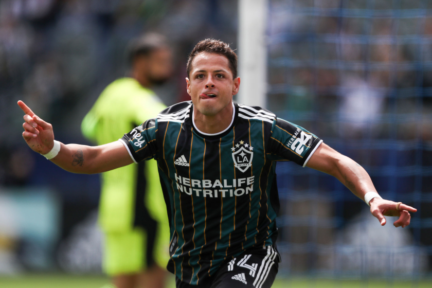 CARSON, CALIFORNIA - APRIL 25: Javier Hernandez #14 of Los Angeles Galaxy celebrates his goal in the first half.