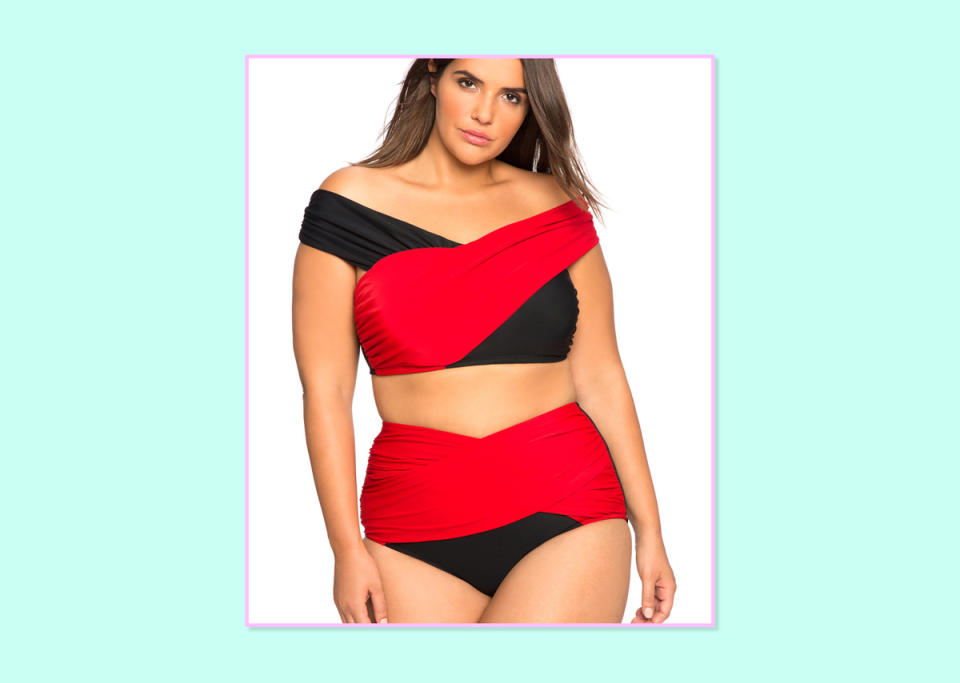 <p><a rel="nofollow noopener" href="http://www.eloquii.com/off-the-shoulder-cross-front-bikini-top/1644625.html?cgid=swim&start=7&dwvar_1644625_colorCode=23" target="_blank" data-ylk="slk:Top;elm:context_link;itc:0;sec:content-canvas" class="link ">Top</a>, $79.90, and <a rel="nofollow noopener" href="http://www.eloquii.com/crisscross-bikini-bottom/1654626.html?cgid=swim&start=9&dwvar_1654626_colorCode=23" target="_blank" data-ylk="slk:bottom;elm:context_link;itc:0;sec:content-canvas" class="link ">bottom</a>, $59.90; Eloquii. </p>