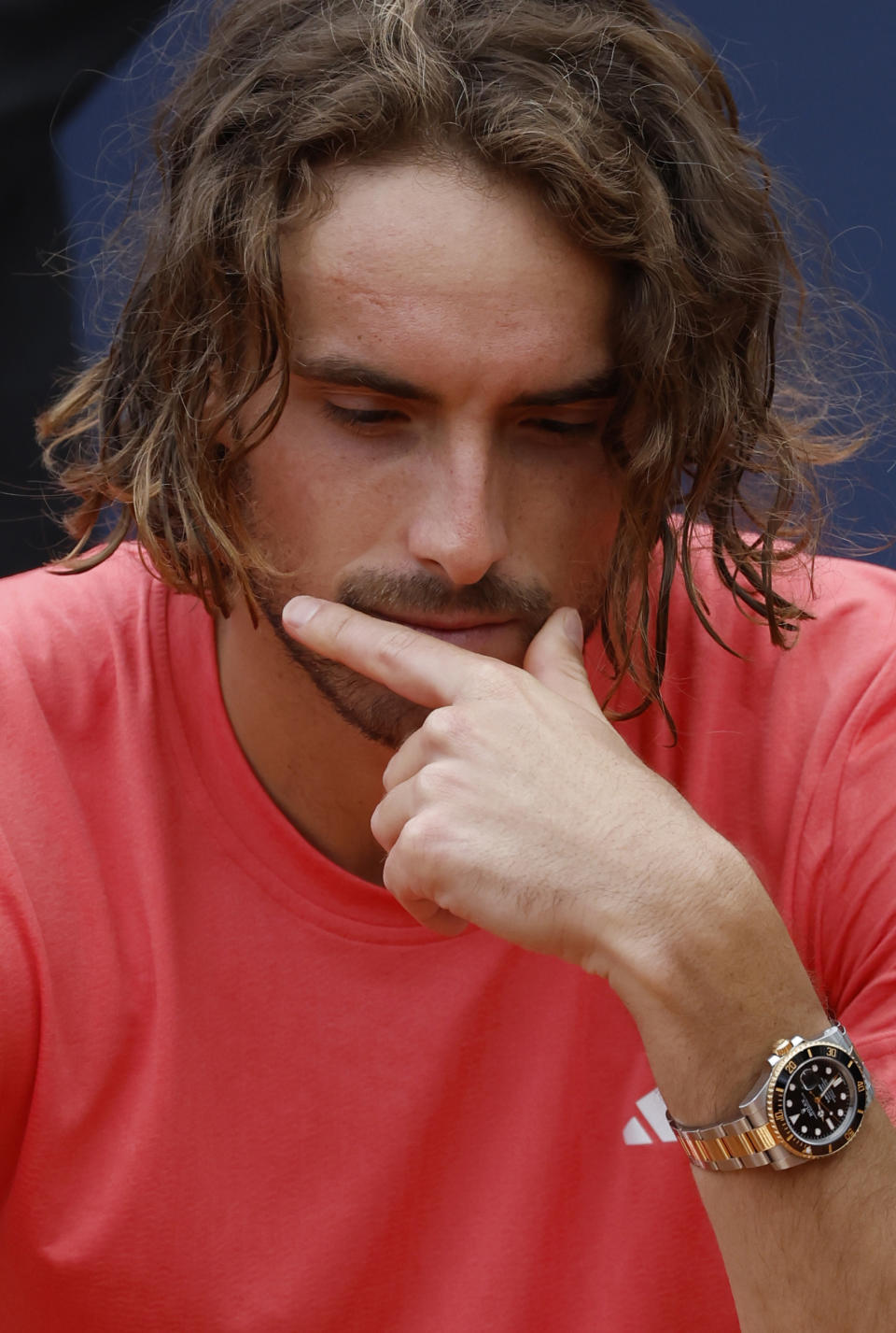 Stefanos Tsitsipas of Greece reacts after losing to Casper Ruud of Norway 7-5, 6-3 during the final of the Barcelona Open tennis tournament in Barcelona, Spain, Sunday, April 21, 2024. (AP Photo/Joan Monfort)