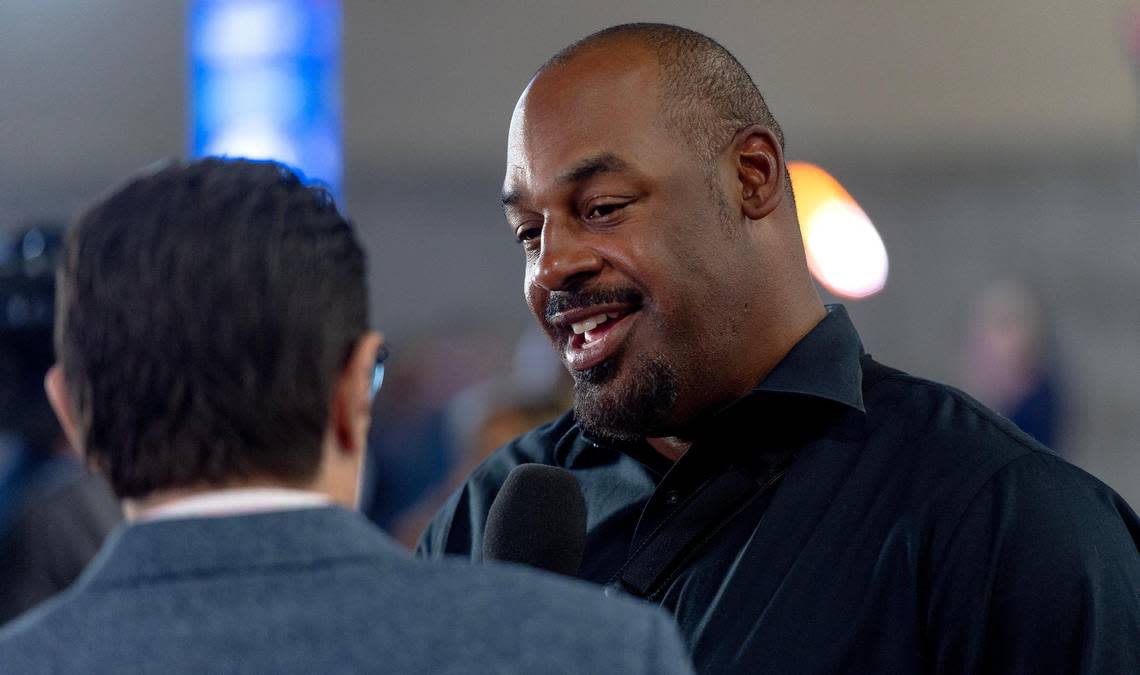 Former quarterback for the Philadelphia Eagles Donovan McNabb speaks during an interview at Super Bowl LVII’s Media Row on Friday, Feb. 10, 2023, in Phoenix, Ariz.