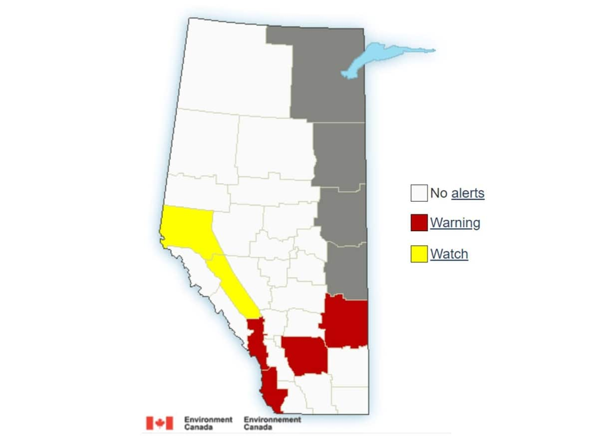 A slow-moving thunderstorm has caused Environment Canada to issue a weather warning from Kananaskis down to Waterton Lakes. (Environment Canada - image credit)