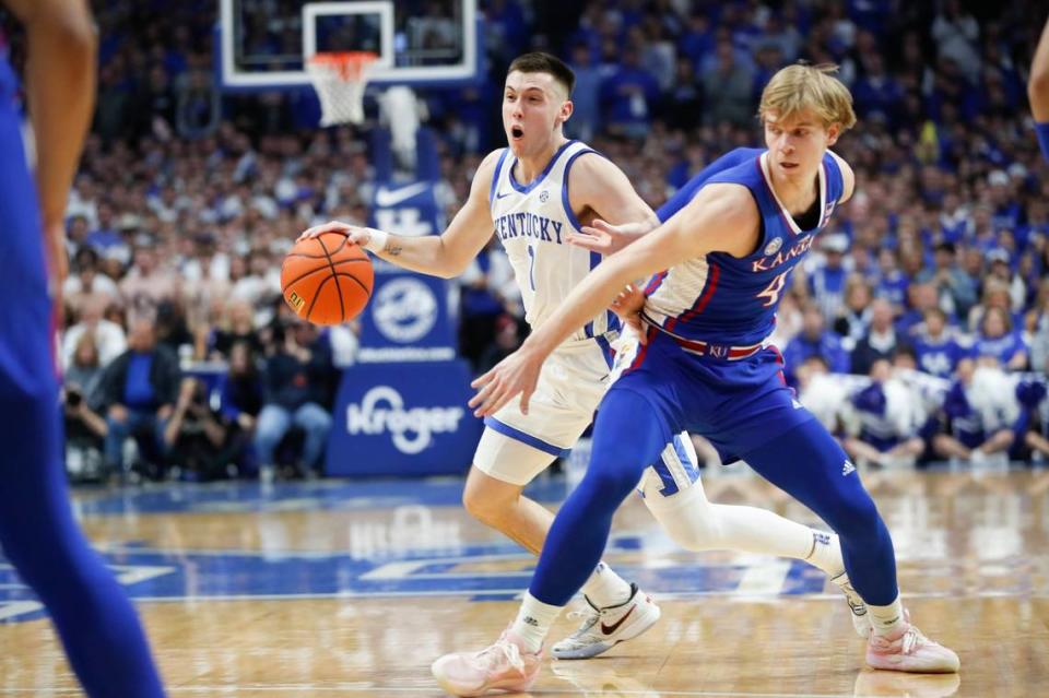 Kentucky guard CJ Fredrick (1) made one of eight shots in UK’s 77-68 loss to then-No. 9 Kansas on Saturday night in the SEC/Big 12 Challenge.