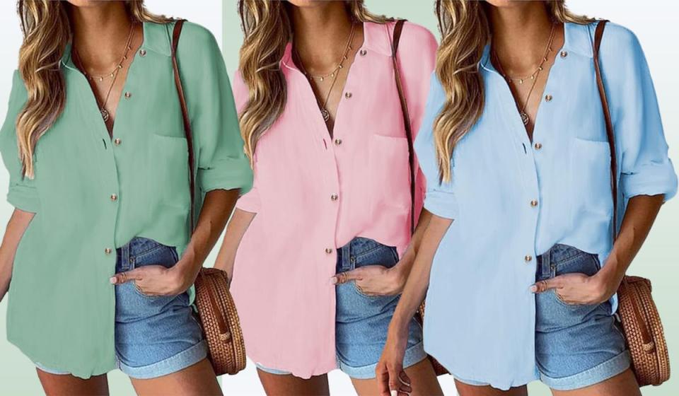 Green, pink and blue button-down shirts.