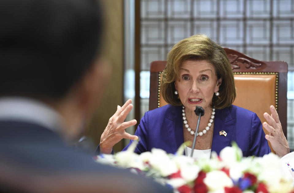 U.S. House Speaker Nancy Pelosi talks with South Korean National Assembly Speaker Kim Jin Pyo during their meeting at the National Assembly in Seoul, South Korea Thursday, Aug. 4, 2022. (Kim Min-Hee/Pool Photo via AP)