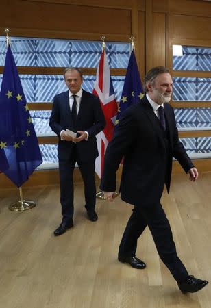 Britain's permanent representative to the European Union Tim Barrow leaves after he delivered British Prime Minister Theresa May's Brexit letter in notice of the UK's intention to leave the bloc under Article 50 of the EU's Lisbon Treaty to EU Council President Donald Tusk in Brussels, Belgium March 29, 2017. REUTERS/Yves Herman