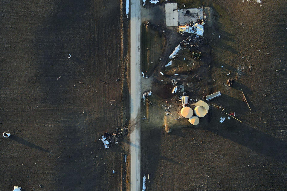 An aerial view of the damage along North Tolles Road, Friday morning, Feb. 9, 2024, after a confirmed tornado went through the area just northwest of Evansville, Wis., the prior evening. The tornado was the first-ever reported in February in the state of Wisconsin, according to the National Weather Service. (Anthony Wahl//The Janesville Gazette via AP)