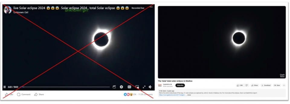 <span>Screenshot comparison of the video in the false posts (left) and the video uploaded by Geekwire </span>