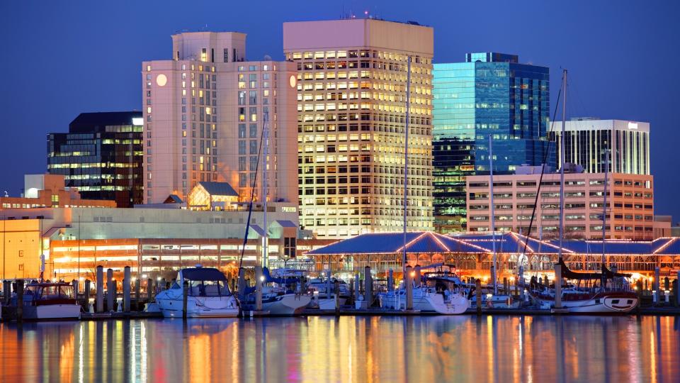 Norfolk skyline along the banks of the Chesapeake Bay.