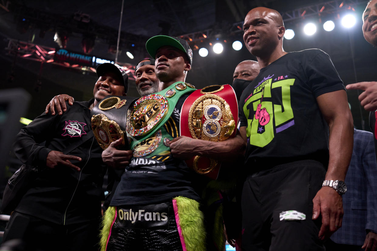 ARLINGTON, TX - APRIL 16:  Errol Spence Jr. celebrates after defeating Yordenis Ugas at AT&T Stadium on April 16, 2022 in Arlington, Texas.  (Photo by Cooper Neill/Getty Images)