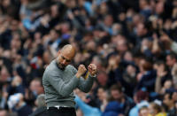 <p>Pep Guardiola celebrates City’s second goal scored by Ilkay Gundogan </p>