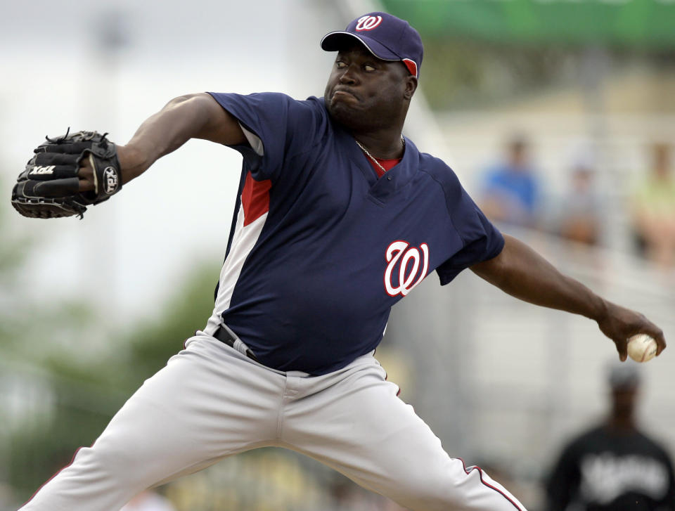 FILE - Washington Nationals pitcher Ray King throws during a spring training baseball game against the Florida Marlins, March 23, 2008, in Jupiter, Fla. Businessmen Bryan Carmel and Paul Freedman have founded an expansion independent club that will play in the Pioneer League beginning in May 2024, with veteran manager and Bay Area native Don Wakamatsu running the baseball operations side, San Francisco native and former player Micah Franklin as manager and retired left-hander King as pitching coach. (AP Photo/Jeff Roberson. File)