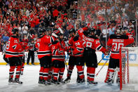 NEWARK, NJ - JUNE 09: The New Jersey Devils celebrate after defeating the Los Angeles Kings during Game Five of the 2012 NHL Stanley Cup Final at the Prudential Center on June 9, 2012 in Newark, New Jersey. (Photo by Bruce Bennett/Getty Images)