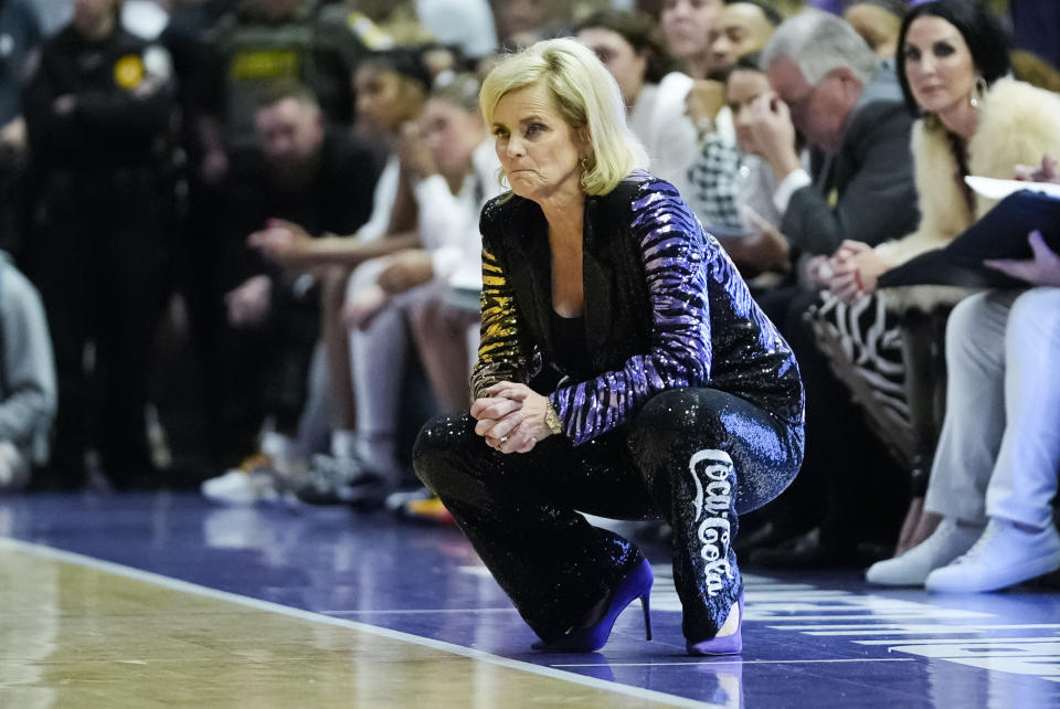 LSU head coach Kim Mulkey reacts from the bench in the second half an NCAA college basketball game against South Carolina in Baton Rouge, La., Thursday, Jan. 25, 2024. South Carolina won 76-70. (AP Photo/Gerald Herbert)