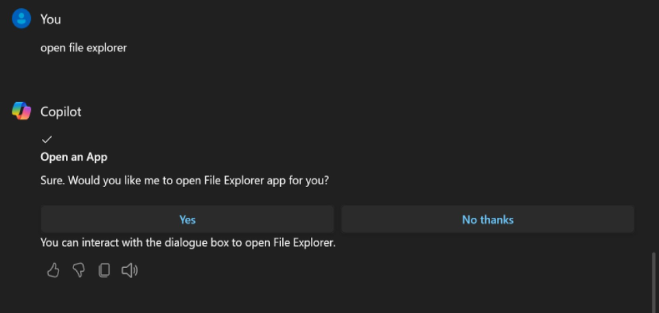 Copilot asks for confirmation to openapps