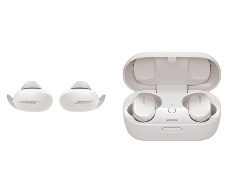 Bose earbuds on the left against a white background with them in the charging case with the lid open on the right.