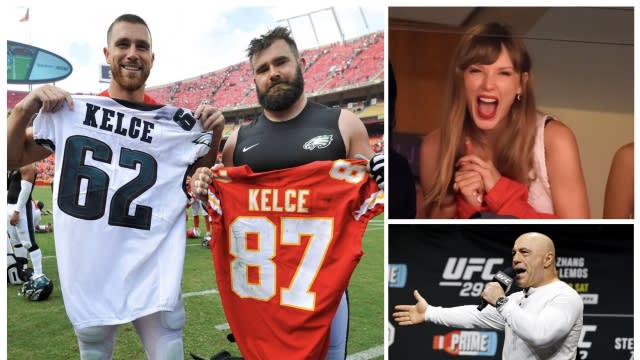 This combination photo shows Travis Kelce, Jason Kelce, Taylor Swift, and Joe Rogan.