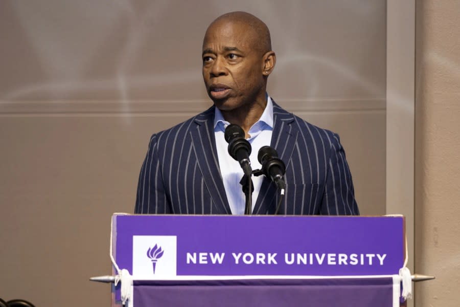 In this image provided by the Office of the New York Mayor, New York Mayor Eric Adams delivers remarks at the Autism Spectrum Disorder Nest Program’s 20th anniversary celebration, at New York University’s Kimmel Center in New York, Nov. 6, 2023. (Mayoral Photography Office via AP)