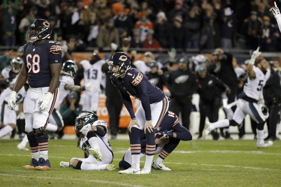 Chicago Bears kicker Cody Parkey (1) reacts after missing a field goal in the closing minute during the second half of an NFL wild-card playoff football game against the Philadelphia Eagles Sunday, Jan. 6, 2019, in Chicago. The Eagles won 16-15. (AP Photo/Nam Y. Huh)