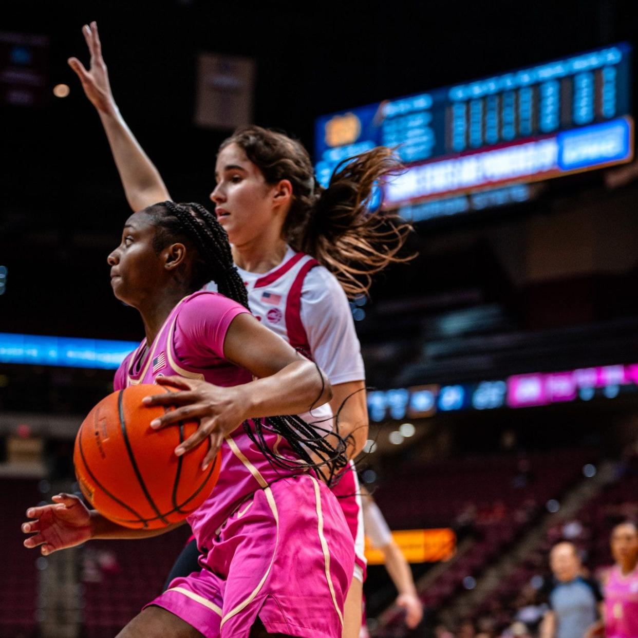 Florida State women's basketball star Ta'Niya Latson drives against Notre Dame in an ACC contest on Sunday, Feb. 11, 2024 at the Donald L. Tucker Civic Center.