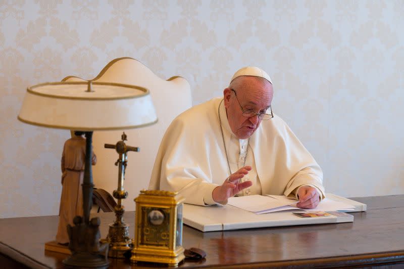 Pope Francis delivers a video message on the occasion of Earth Day, at the Vatican