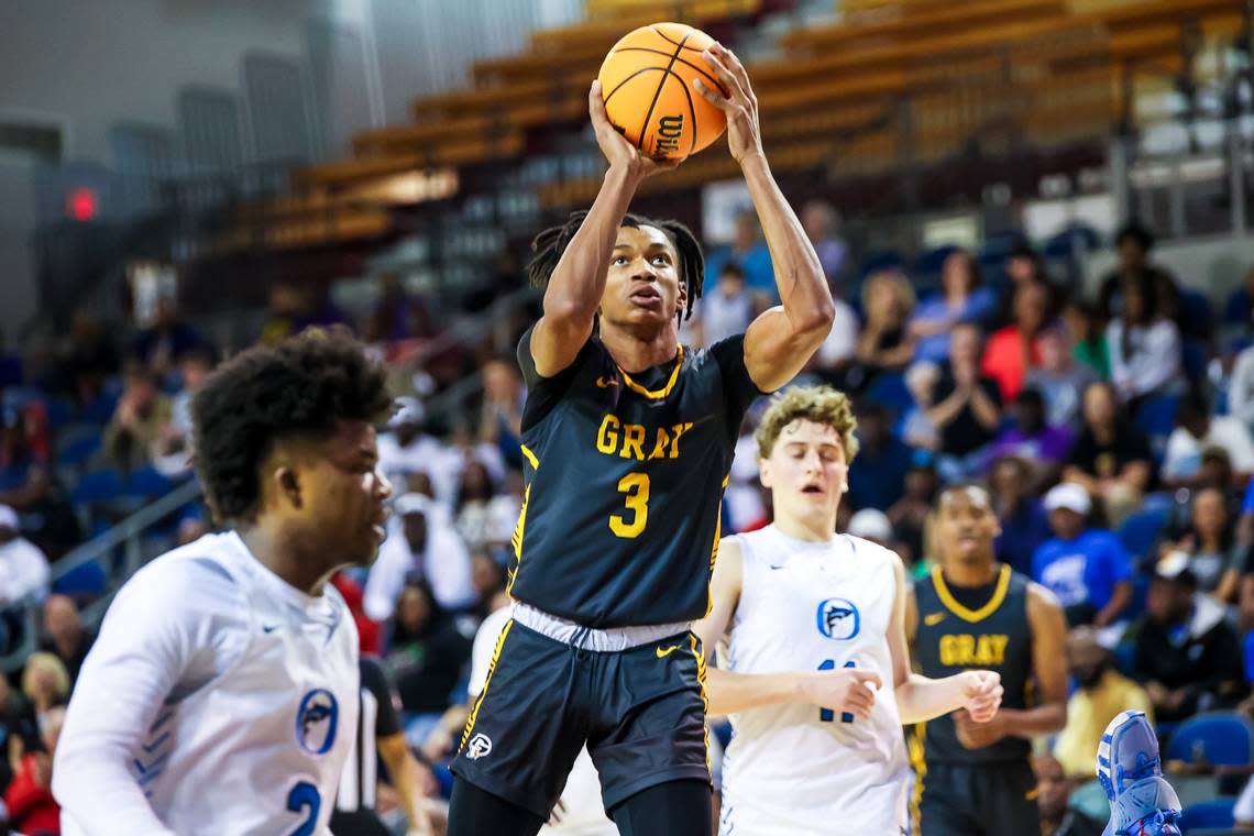 Gray Collegiate War Eagles Trey Maddox (3) shoots against Oceanside Collegiate Academy during the Class 2A title game at the USC Aiken Convocation Center in Aiken, SC, on March 3, 2023.