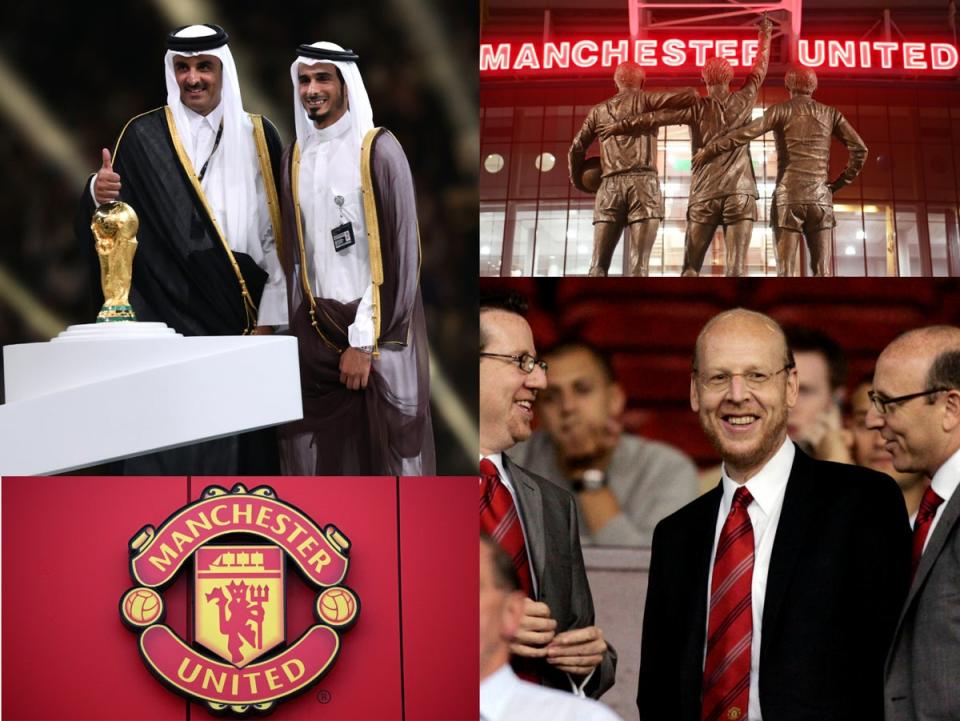 Qatar are rumoured to be interested in completing a takeover of Manchester United from the Glazer family (Photo by Julian Finney/Getty Images / Photo by OLI SCARFF/AFP via Getty Images / Photo by Michael Regan/Getty Images / AP Photo/Jon Super, File)