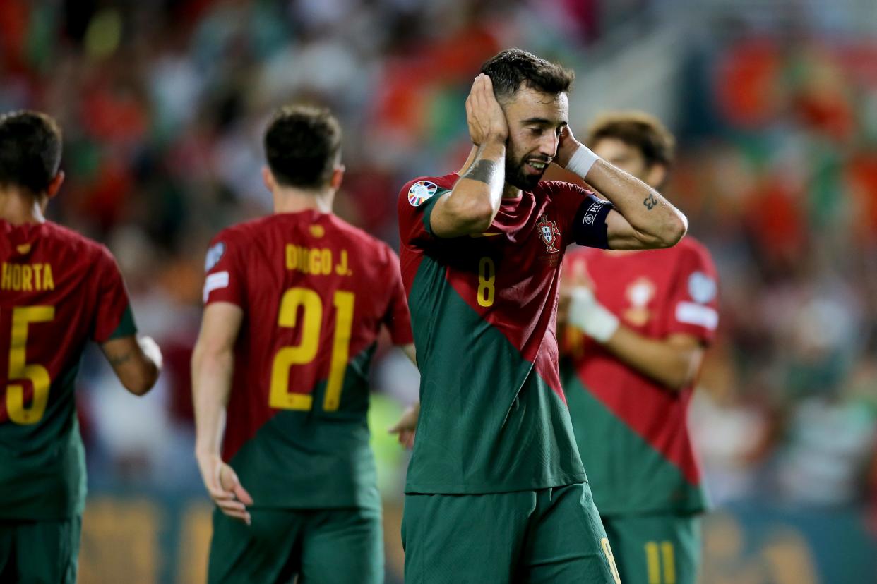 Portugal's Bruno Fernandes reacts after scoring his side's eighth goal during the Euro 2024 group J qualifying soccer match between Portugal and Luxembourg at the Algarve stadium outside Faro, Portugal, Monday, Sept. 11, 2023. (AP Photo/Joao Matos)