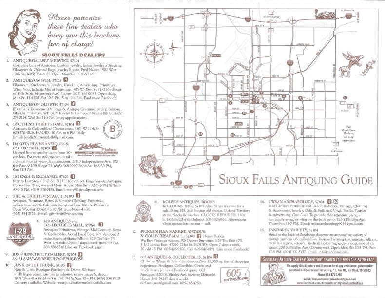 Inside the 2023-24 Quad State & Sioux Falls Antiques, Art & Book Shops Directory brochure that was created by the Siouxland Antiques Dealers Directory.