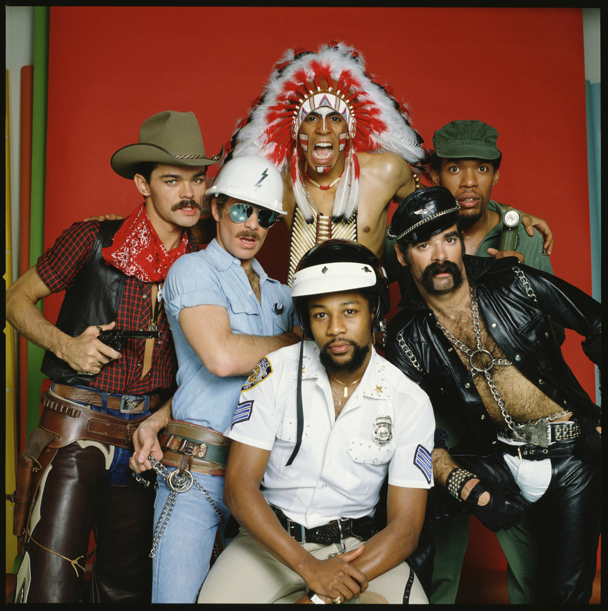 Village People, from left to right: Randy Jones (the cowboy); David Hodo (the construction worker); Felipe Rose (the American Indian); Victor Willis (the cop); Glenn Hughes (the leatherman) and Alexander Briley (the G.I.). (Photo: CBS Archive/Getty IMages)