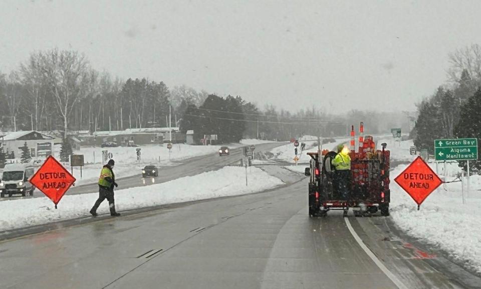 State 57 was closed Wednesday morning south of Sturgeon Bay, between County H and State 42/County MM (whose intersection is seen here), because of power lines hanging very low across all four lanes of 57.