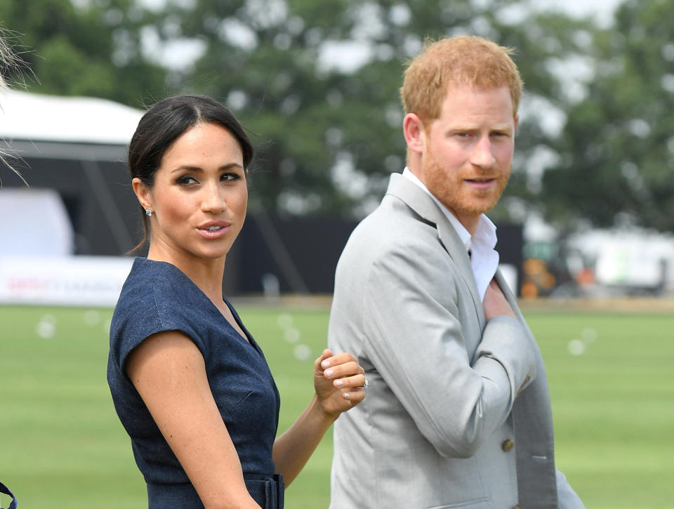 WINDSOR, ENGLAND – JULY 26: Meghan, Duchess of Sussex and Prince Harry, Duke of Sussex attend the Sentebale ISPS Handa Polo Cup at the Royal County of Berkshire Polo Club on July 26, 2018 in Windsor, England. (Photo by Karwai Tang/WireImage)