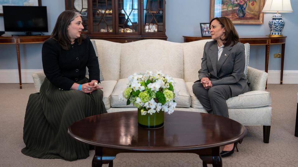 PHOTO: Vice President Kamala Harris participates in a conversation on Alabama's Supreme Court ruling on IVF with Alabama resident and IVF patient Abbey Crain, on Feb. 29, 2024, in the Vice President's West Wing Office at the White House. (Official White House Photo by  Lawrence Jackson)