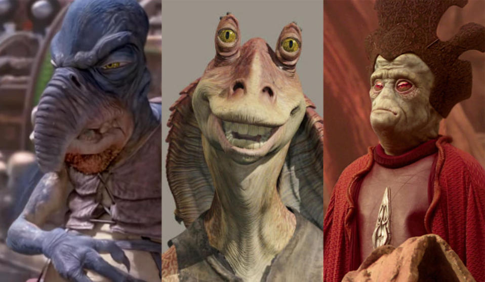 <p>It’s so hard to defend 'The Phantom Menace’ from allegations of racial stereotyping. True: Watto (left) the Toydarian is a thinly-veiled stereotype of the 'tight-fisted sneaky Jew’. True: Jar-Jar Binks (middle) is basically a Stepin Fetchit for a new generation. True: Nute Gunray (right) speaks with the kind of broken English 'Ah so!’ Asian accent that would make Mickey Rooney blush. It’s hard to defend so we won’t, because it’s indefensible.</p>