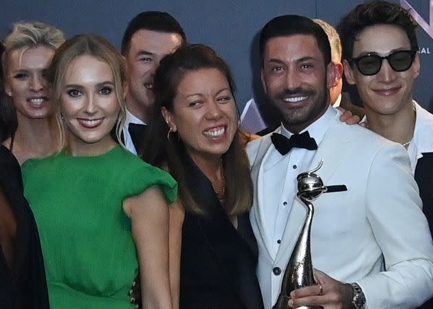 Strictly Come Dancing executive producer Sarah James (centre) with last year's winners Rose Ayling Ellis and Giovanni Pernice (Photo: Anthony Harvey/Shutterstock for NTA)