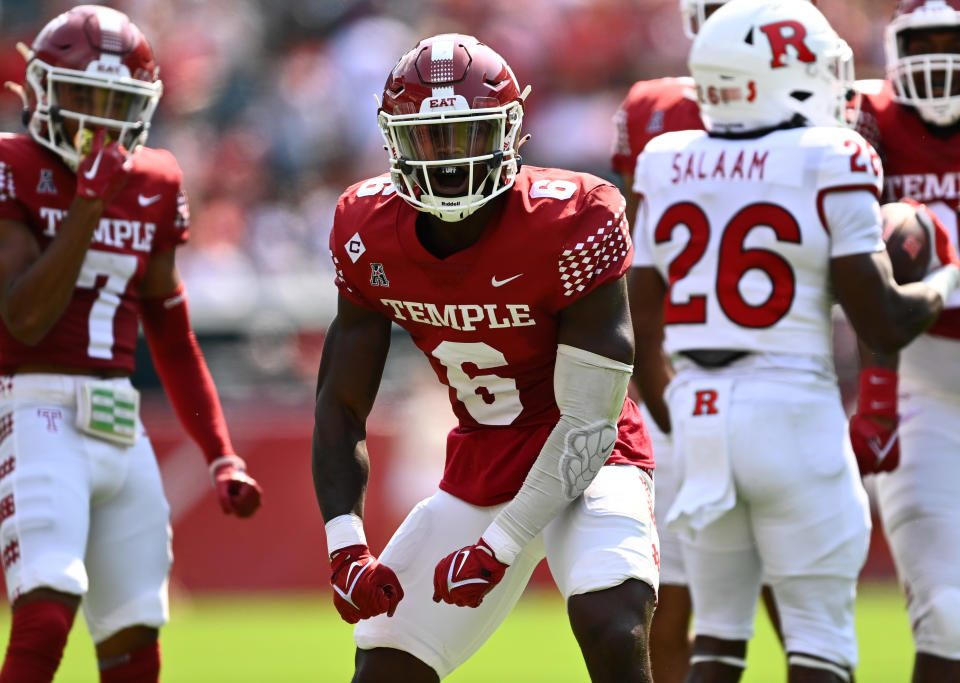 Sep 17, 2022; Philadelphia, Pennsylvania, USA; Temple Owls linebacker Jordan Magee (6) reacts after a tackle against the Rutgers Scarlet Knights in the first half at Lincoln Financial Field. Mandatory Credit: Kyle Ross-USA TODAY Sports
