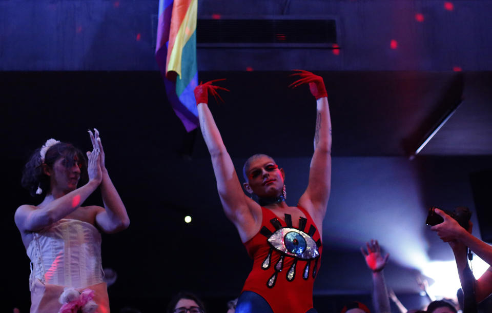 Elias, 24, who goes by the stage name of Melanie Coxxx performs during a Sunday drag queen show, called the drag ball, during Beirut Pride week, north of the capital Beirut on May 13, 2018. (Hassan Ammar / AP)