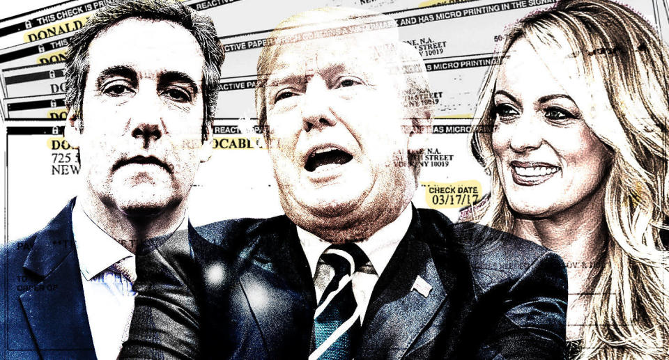 Michael Cohen, President Trump and Stormy Daniels. (Yahoo News photo Illustration; photos: AP, Getty/Reuters)