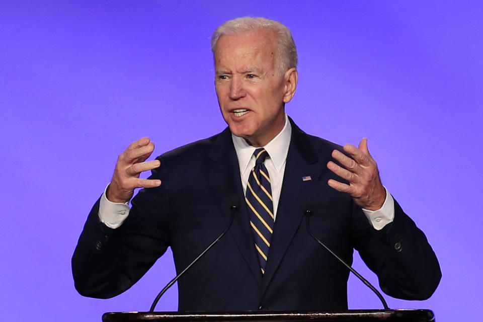 Former Vice President Joe Biden speaks at the IBEW Construction and Maintenance Conference in Washington, Friday, April 5, 2019. (AP Photo/Manuel Balce Ceneta)