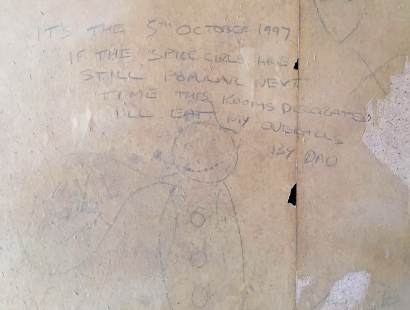 The image shows a handwritten note from October 5, 1997, stating if the Spice Girls are popular next time this room is decorated, the writer will eat their overalls