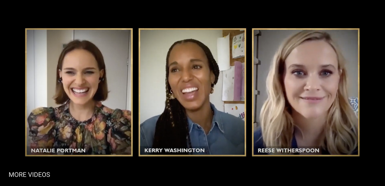 (L to R) Natalie Portman, Kerry Washington and Reese Witherspoon participated in a Jan. 16 roundtable about the Hulu series "Little Fires Everywhere." (Screenshot: Hulu)