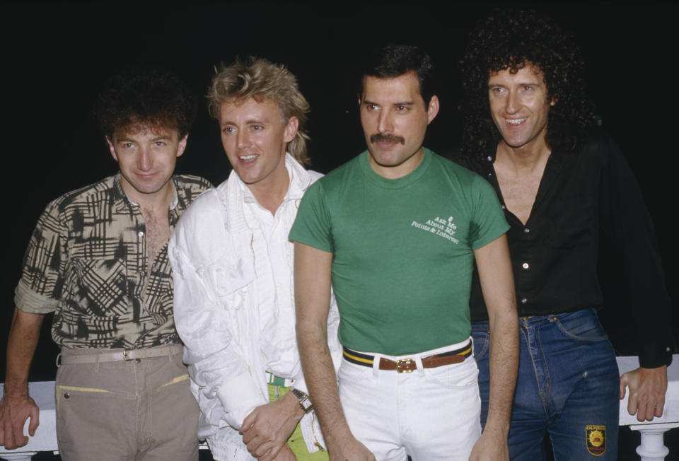 British rock group Queen, from left to right, bassist John Deacon, drummer Roger Taylor, singer Freddie Mercury and guitarist Brian May, 1985. (Photo by Dave Hogan/Getty Images)